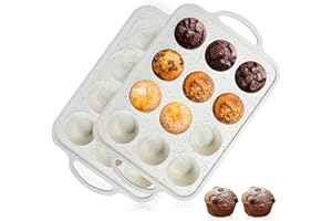 Fimary Silicone Muffin Pan - 12 Cups Mini Muffin Pan, Non-stick Food Grade Silicone Great for Homemade Muffins, Cupcakes, Muffin Cakes, and Bread, Dishwasher Safe – Milky White Set of 2