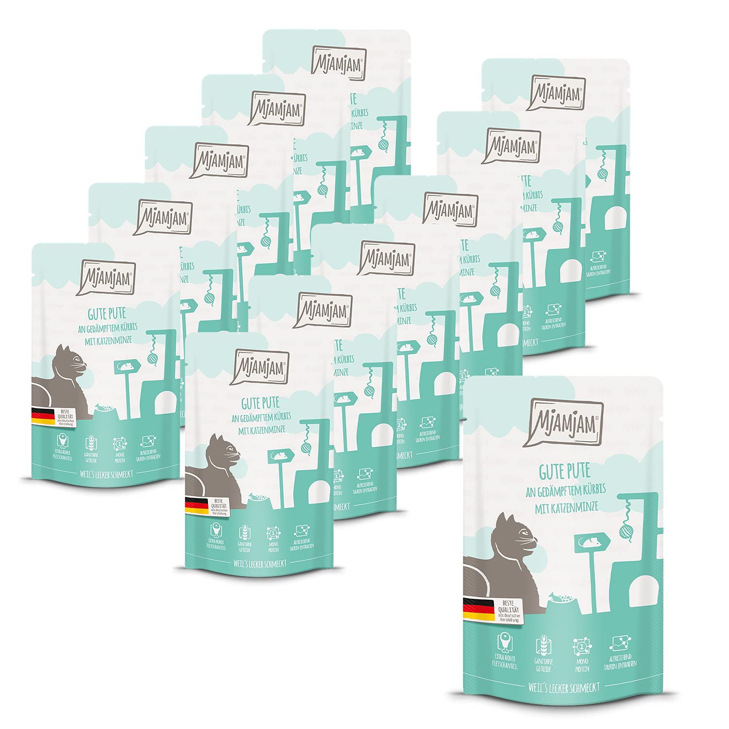 MjAMjAM - premium wet food for cats - Quetschie - good turkey with steamed pumpkin, pack of 12 (12 x 125 g), grain-free with extra meat