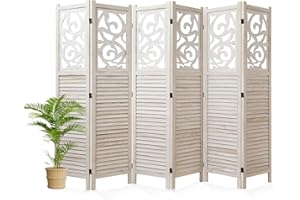 Svimi Folding Room Divider, 5.6Ft 6 Panels Wood Carved Privacy Screens, Free Assembled Freestanding Portable Reversible Functional Decorative Partition for Home Office Bedroom (White-Washed)