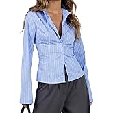 Trendy Fitted Button Down Shirts for Women Long Flare Sleeve Striped Cropped Shirt Business Top Autumn Blouse