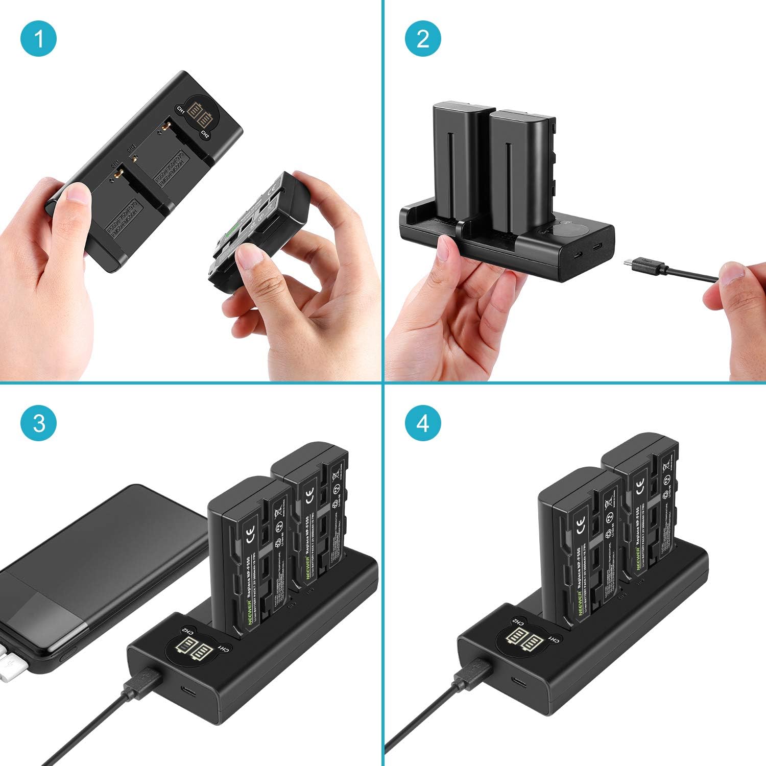 Neewer NP-F550 Battery Charger Set for Sony NP-F970 F750 F960 F530 F570 CCD-SC55 TR516 TR716 and More (2-Pack 2600 mAh Replacement Camera Batteries, Micro USB and Type-C Input Dual Charger): Home Audio & Theater