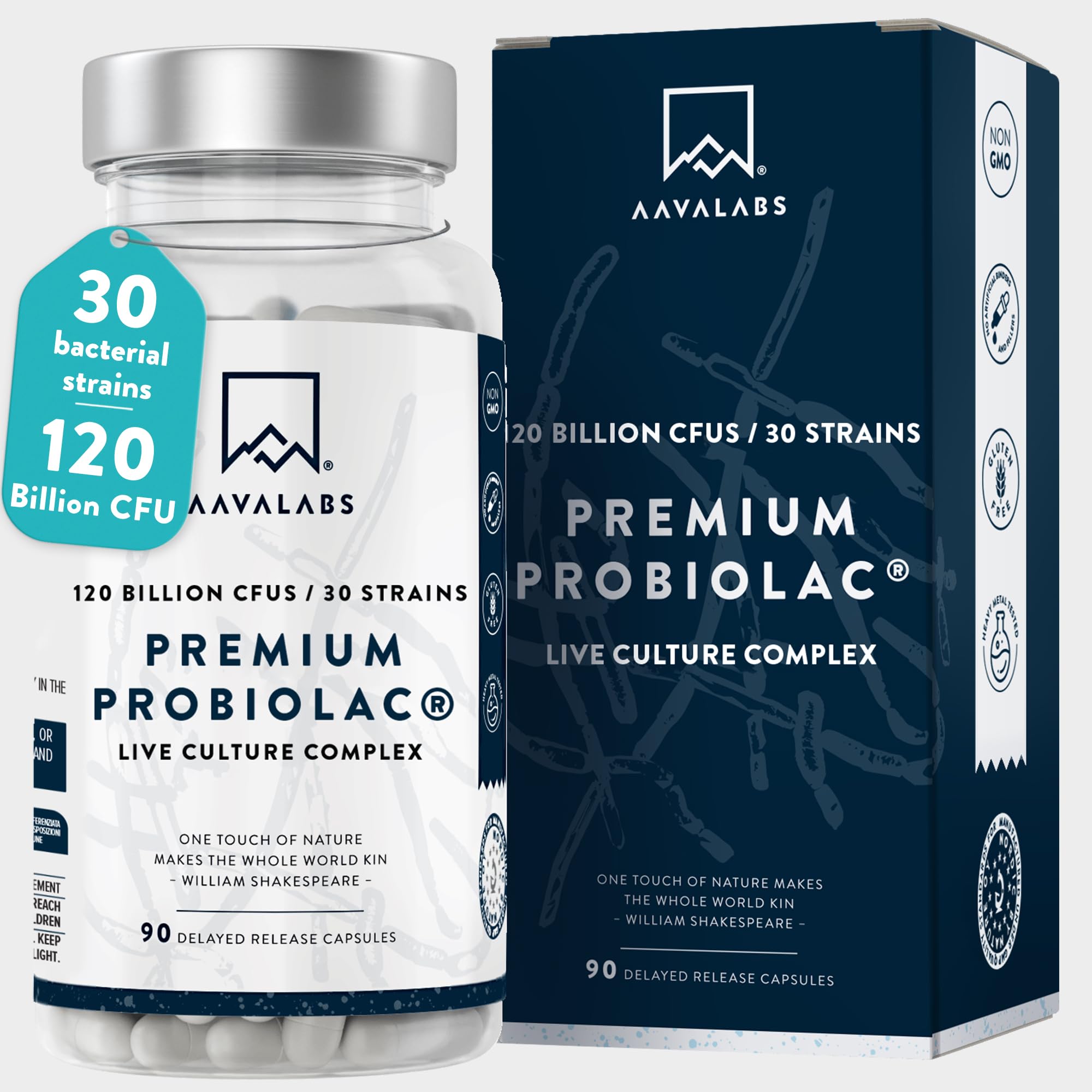 Bio Cultures Complex [ 120 Billion CFU ] 30x Bacterial Strains incl. Lactobacillus Acidophilus & Bifidobacterium per Serving - 90 Capsules - 3rd Party Tested