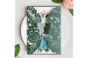 Hosmsua 5.12''x7.3'' 50PCS Emerald Green Quinceanera Invitation Kit Laser Cut Flora Butterfly Invitation Cards Pocket with Envelopes for Quinceanera Bridal Shower Wedding invite (Emerald Green)