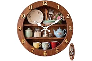 CONCHLERY Rustic Kitchen Clock 12 Inch Non-Ticking Flat Printing Pattern Clocks Round Wall Hanging Clock Battery Operated for