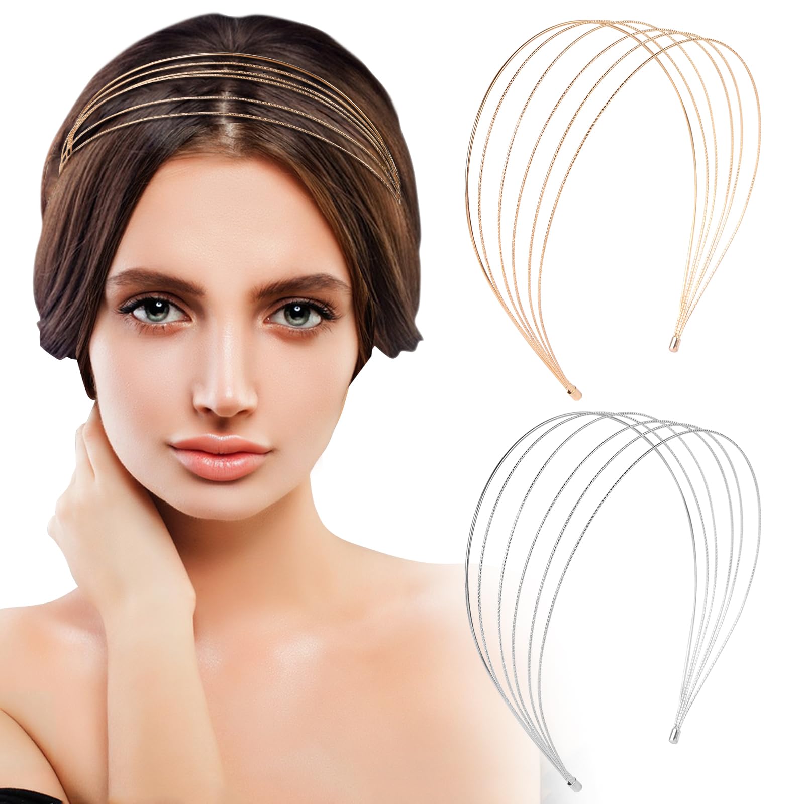 GOKEPO 2Pcs Multi-Layered Metal Headband for Women - Elegant Hair Accessories With Thin Elastic Wire - Wedding and Bridal Headpiece