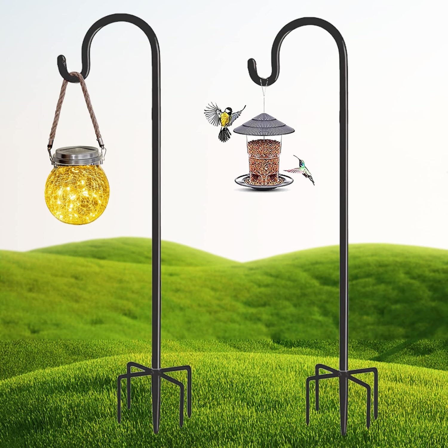 Outdoor Shepherd's Hooks - XRR Shepherds Hook, 2 Pack 96CM Adjustable Metal Stake Stand Hangers Garden Heavy Duty Rust Resistant Hooks with 5 Prong Base Shepherds for Solar Light Plant Hanger Wedding Decor