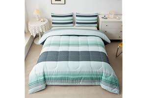 jejeloiu Green White Grey Stripes Bedding Set Queen Size Geometry Geometric Comforter Set for Kids Patchwork Striped Comforter Women Men Teens Ultra Soft Modern Art Duvet Set