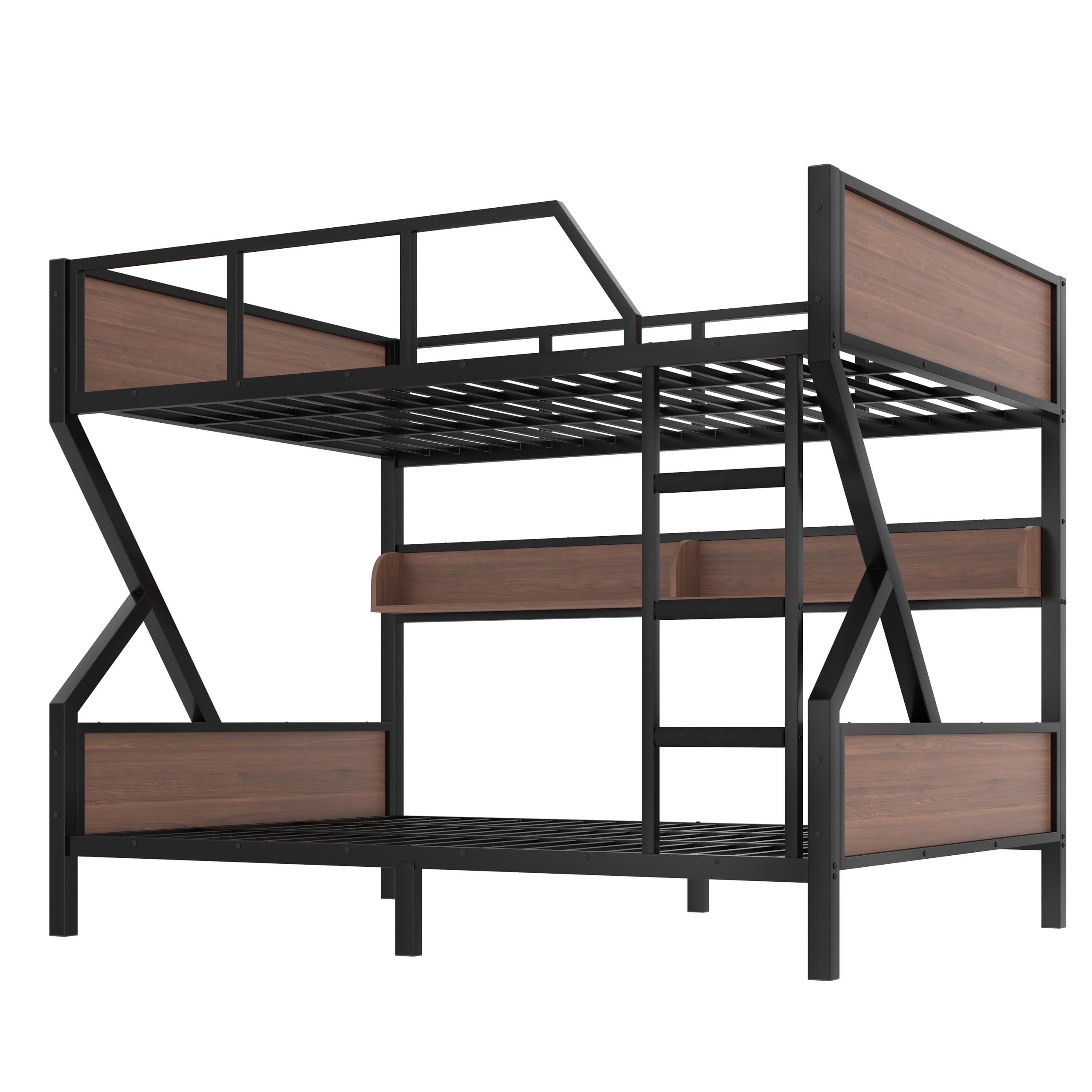 Photo 1 of Queen Over Queen Bunk Bed with Storage Shelves, Metal Bunk Beds with Ladders and LED Lights, Heavy-Duty Bunkbed for Bedrooms, Guest Rooms and Dorms, No Box Spring Needed and Noise-Free Design, Black