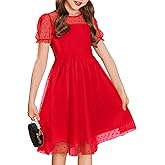Arshiner Girls Dress Contrast Mesh Puffy Short Sleeve A Line Casual Party Dress 3-12 Years