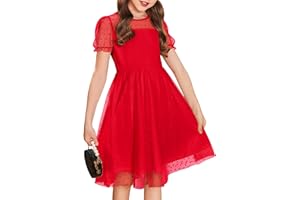 Arshiner Girls Dress Contrast Mesh Puffy Short Sleeve A Line Casual Party Dress 3-12 Years