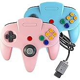 PGYFDAL 2 Pack Classic N64 Controller, Wired Gamepad Upgraded Joystick Compatible with N64 Console, Ergonomic M-Shaped Design for Multiplayer Gaming (Black &amp; Pink)