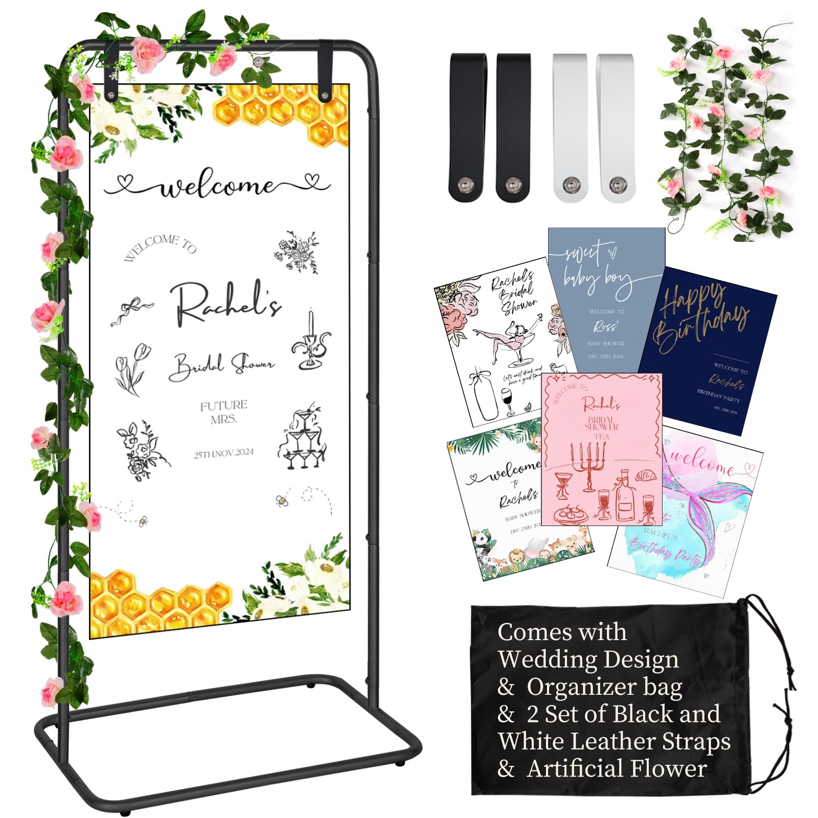 Photo 1 of Welcome Sign for Wedding, Adjustable Gold/Black/White Sign Stand, Indoor/Outdoor Easel Display Poster Stand (Black)