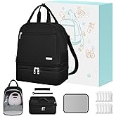 Breast Pump Bag with Insulated Cooler, Double-Layer Pumping Bag for Work & Travel, Fits Most Electric Breast Pumps, Includes 10 Ice Packs & Waterproof Mat, Detachable Bottle Cooler Tote, Black
