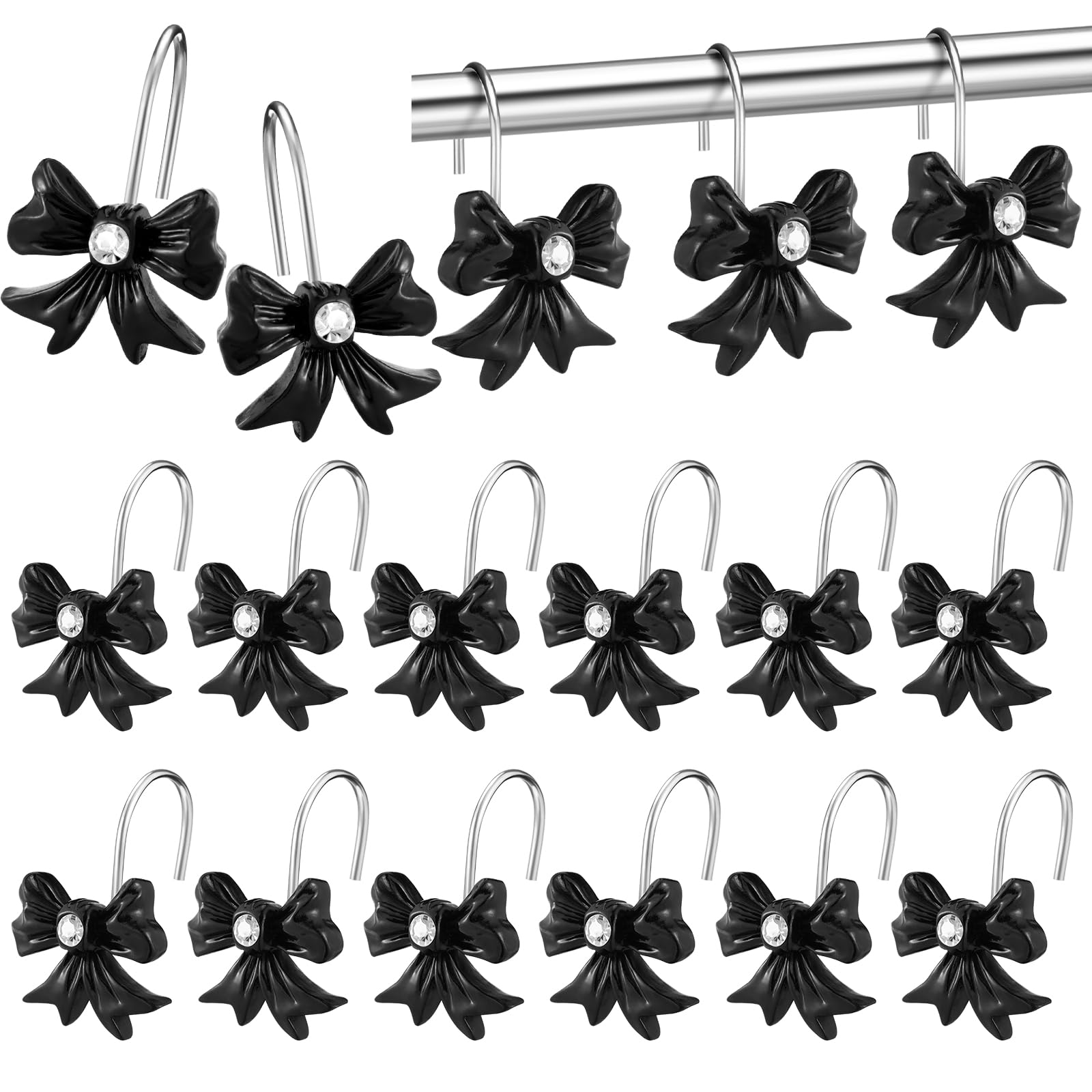 Photo 1 of CroBlissful 12 Pcs Black Bow Decorative Shower Curtain Hooks Bow Shower Curtain Stainless Steel Resin Knot Hooks Bulk Decorative for Home Bathroom Decor Supplies