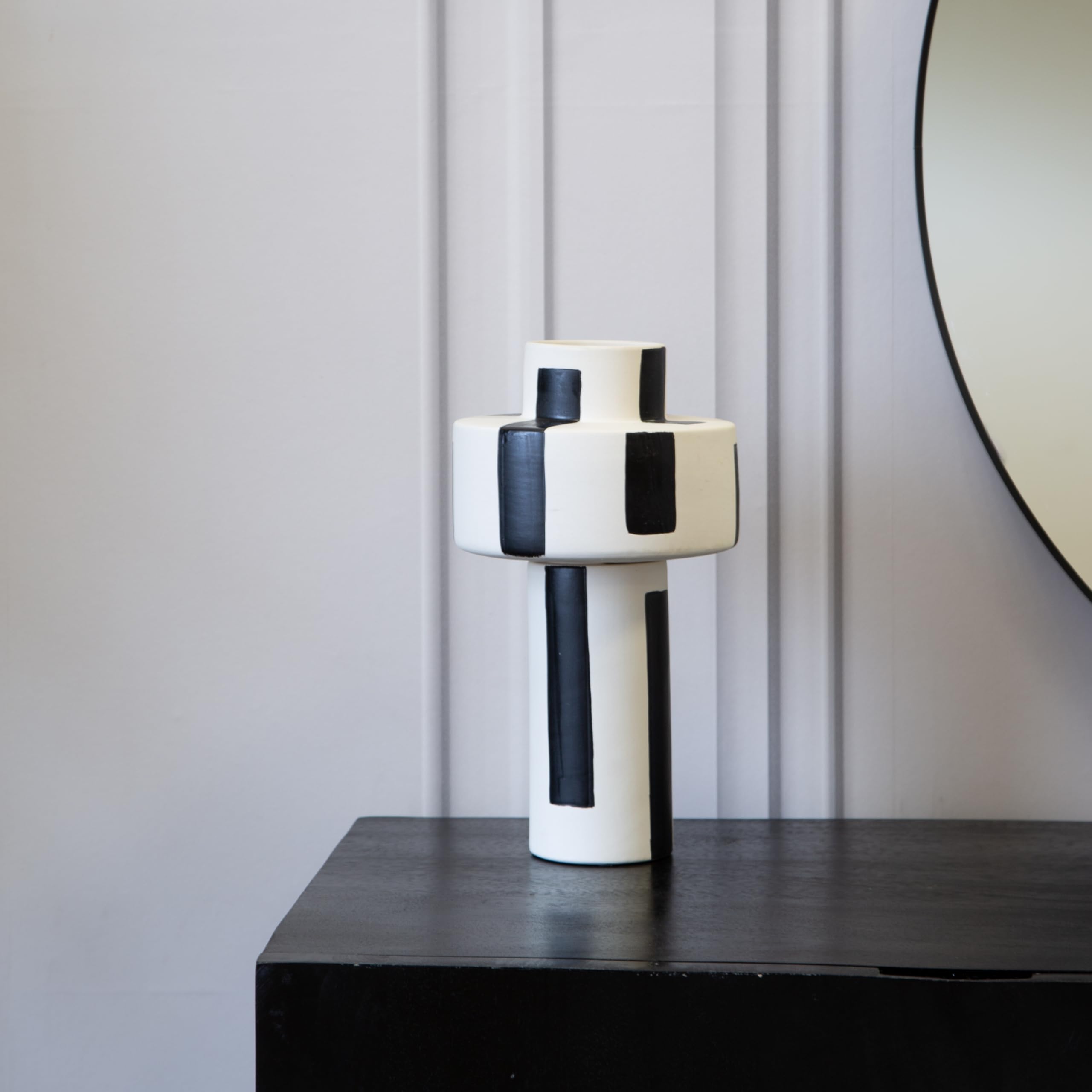 Decorative Ceramic Vase, Hand Painted White & Black Design, Living Room Accent Piece