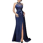 Miusol Women's Sexy Halter Sequin Lace Satin High Split Ruched Style Evening Party Maxi Dress