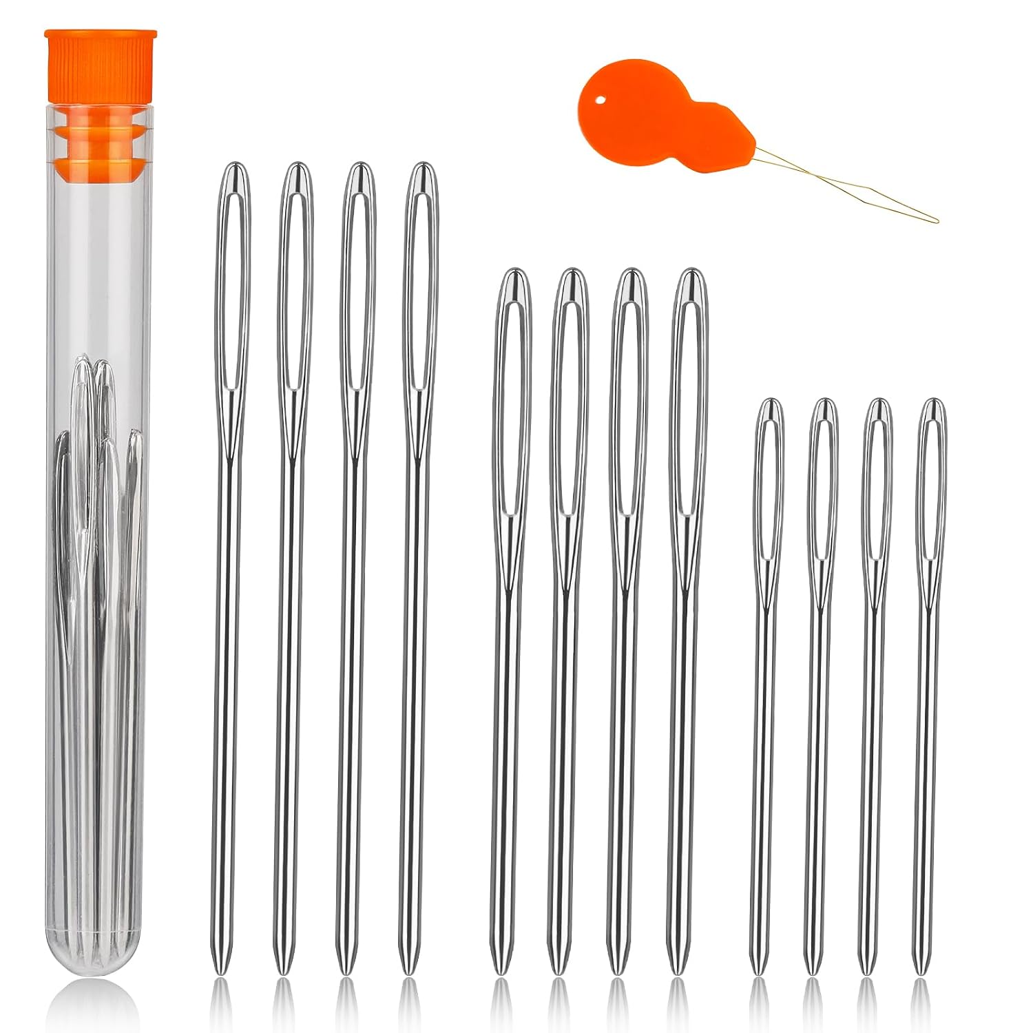 TLKKUE 12 Pcs/3 Sizes Large-Eye Blunt Needles, Steel Yarn Needle Silver | Tapestry Needle with Needle Threader for Sewing Cro