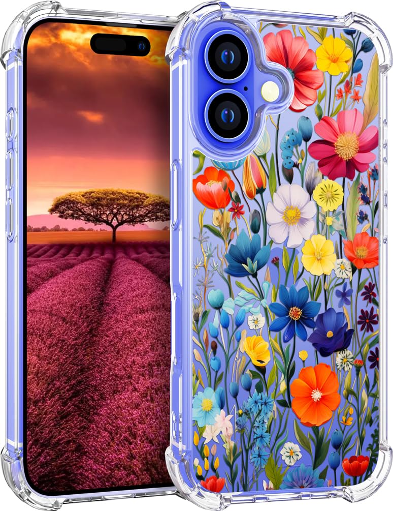Topgraph Compatible with Iphone 16 Plus Case Designer Cute Clear For Women, 16 Plus Phone Cover Case Design (Flower Floral Garden Spring Tulips Blue Red)