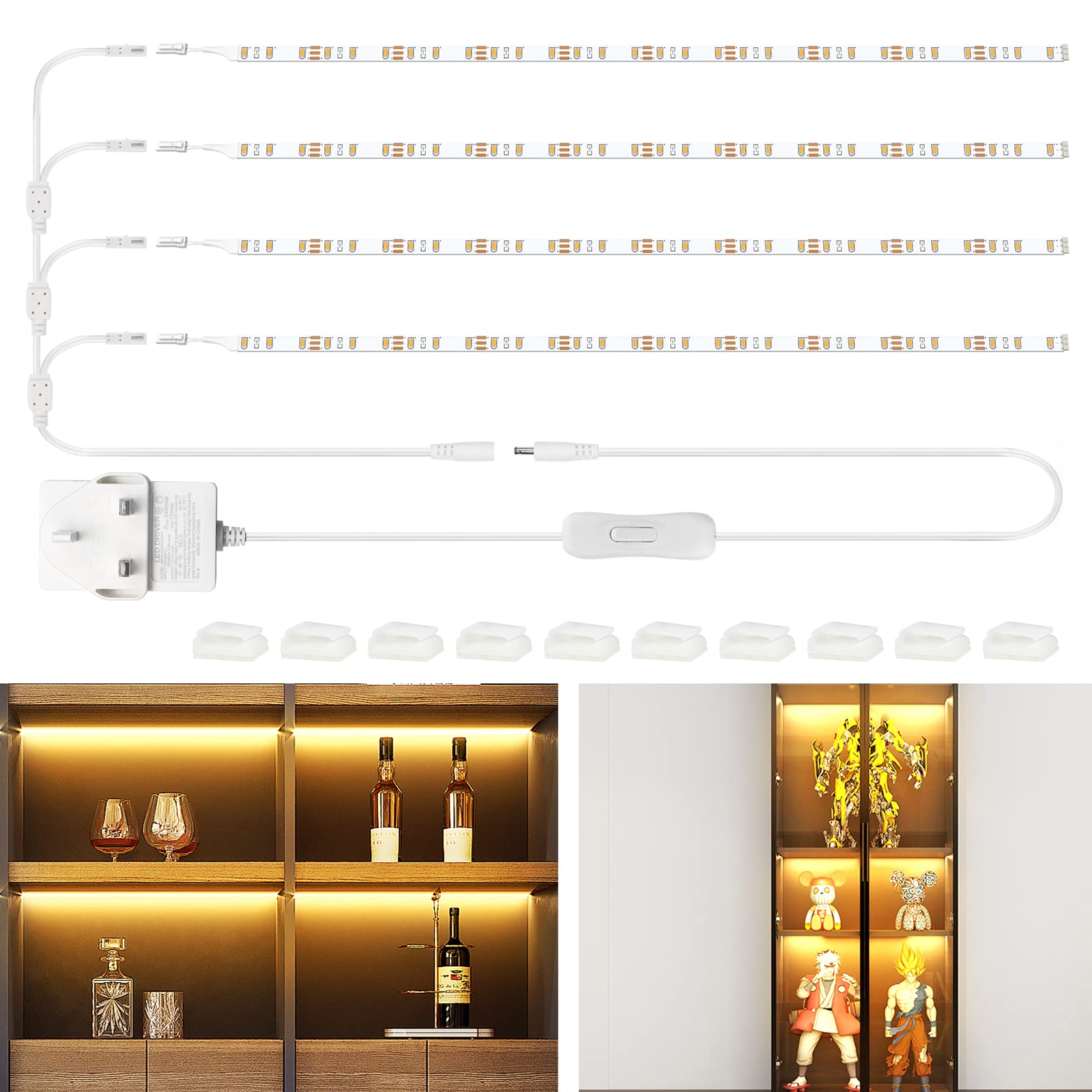 WOBANE Display Cabinets Lights,4 x 50cm Flexible LED Strip with Switch,Super Bright Shelf Lighting for Pantry,Counter,Glass Shelf,Bookcase,120 LEDs,1200lm,2700K Warm White,12V
