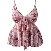 BEAUDRM Women's Plus Size Boho Floral Camisole Tops Bow Tie Knot Sleeveless Ruffle Flared Peplum Tops Pink X-Large Plus