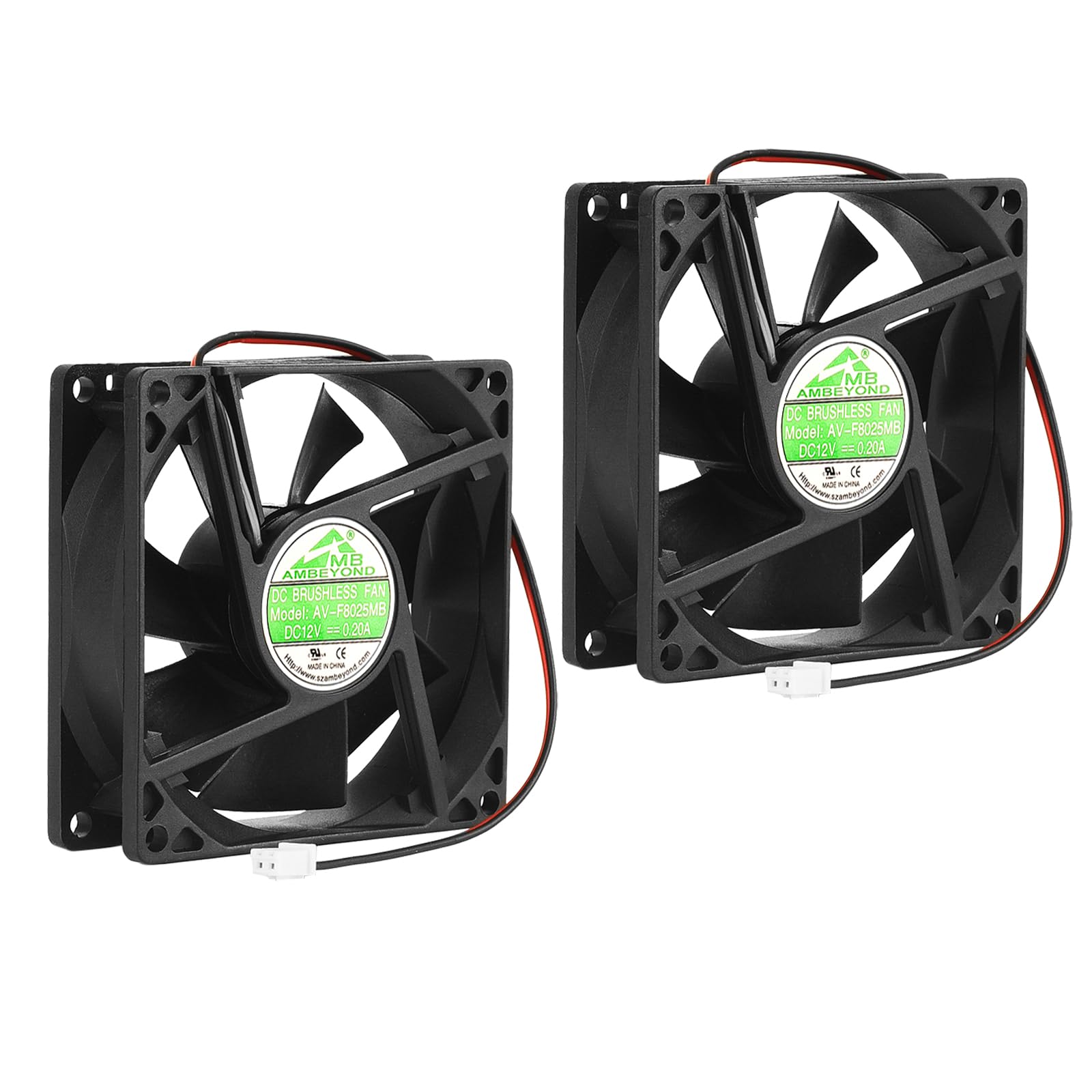 2-pack 80mm x 80mm x 25mm 8025 12V DC Brushless Cooling Fan, Dual Ball Bearing System, 2pin