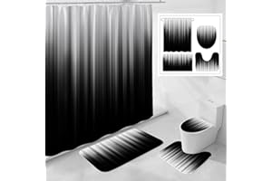 Litabel 4 Pcs Grey and Black Gradient Shower Curtain Set with Rugs and Toilet Lid Cover, Modern Simple Waterproof Fabric Bathroom Set, Ombre Stripe Gothic Abstract Bathroom Decor Set Accessories