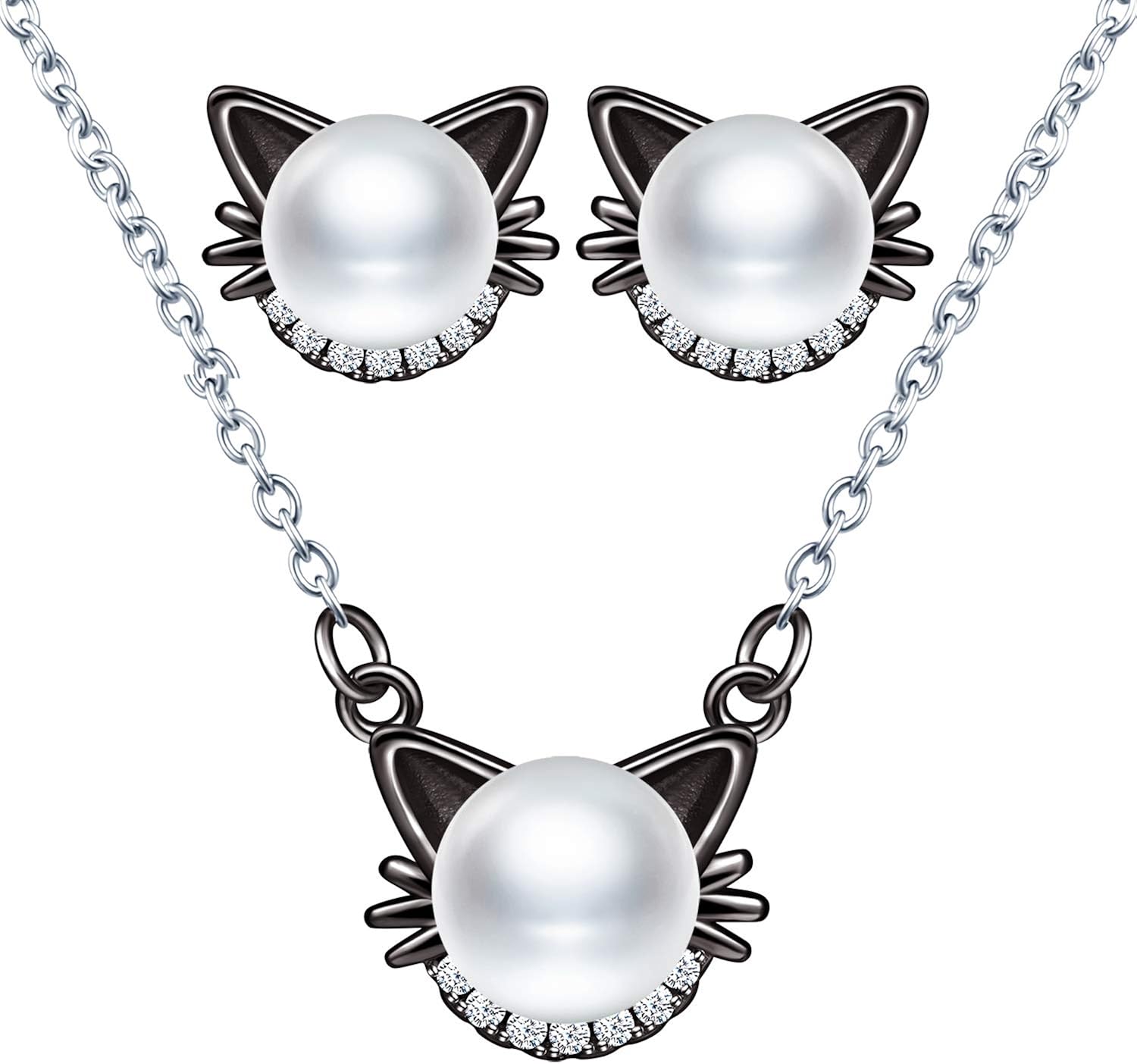 CPSLOVE 925 sterling silver women's pearl jewelry set, Cute cat pearl necklace and pearl