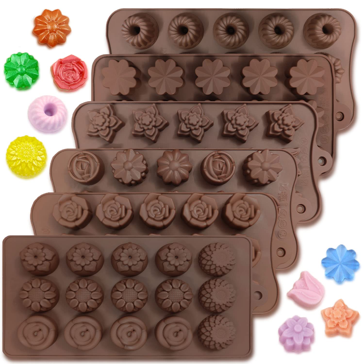 6 pcs Silicone Chocolate Molds, CNYMANY Flower Mold Candy Mold Jelly Mould Non-Stick Kitchen Baking Pans Ice Cube Trays for Party Festival - 15 Shapes