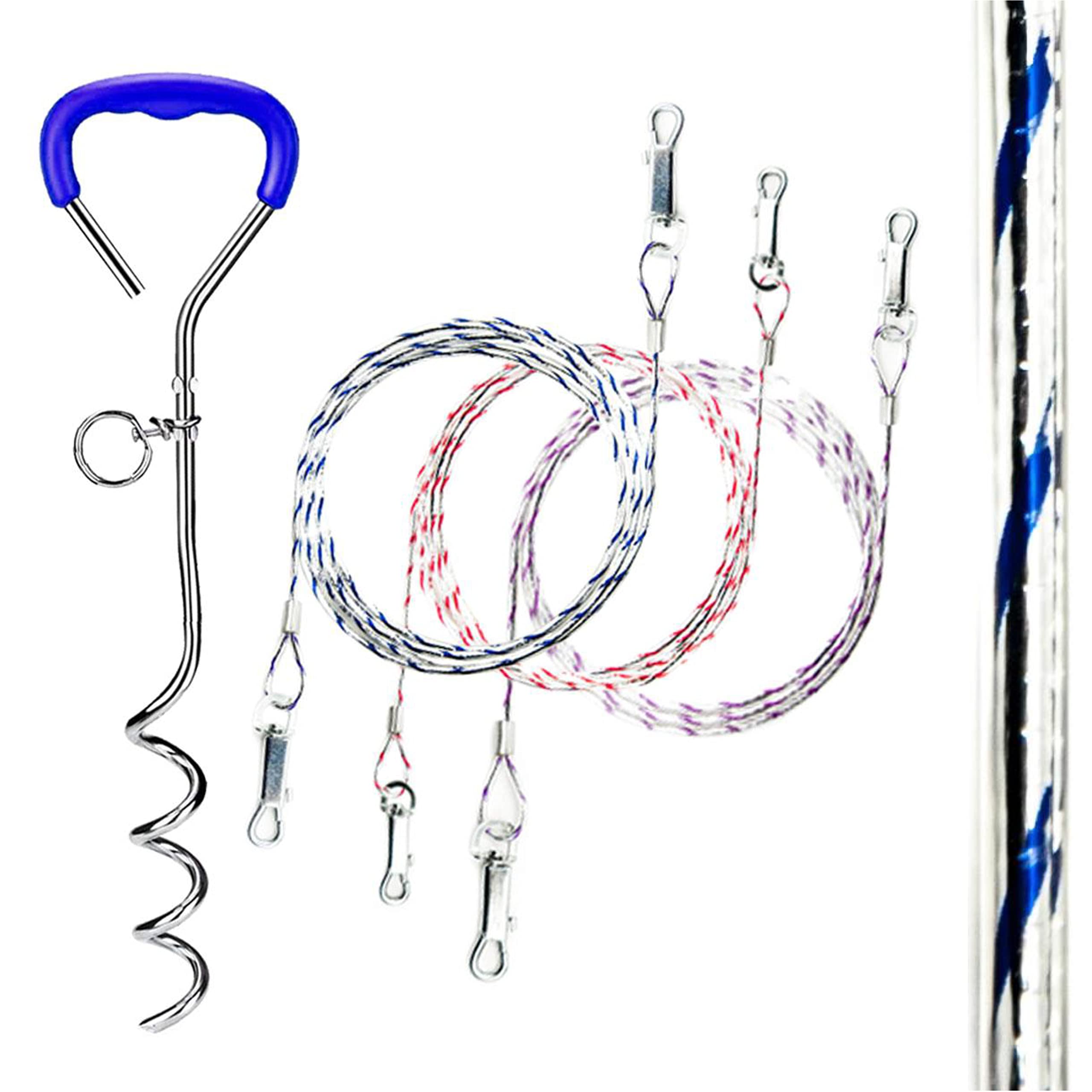 2x 1.5m REFLECTIVE Dog Chains for Outside, Tie-Out Cable Tether – with Steel Spiral Heavy Duty Ground Spike Stake (45cm) – Outdoor Dogs Accessories, Lead, Hook (Blue, Reflective)