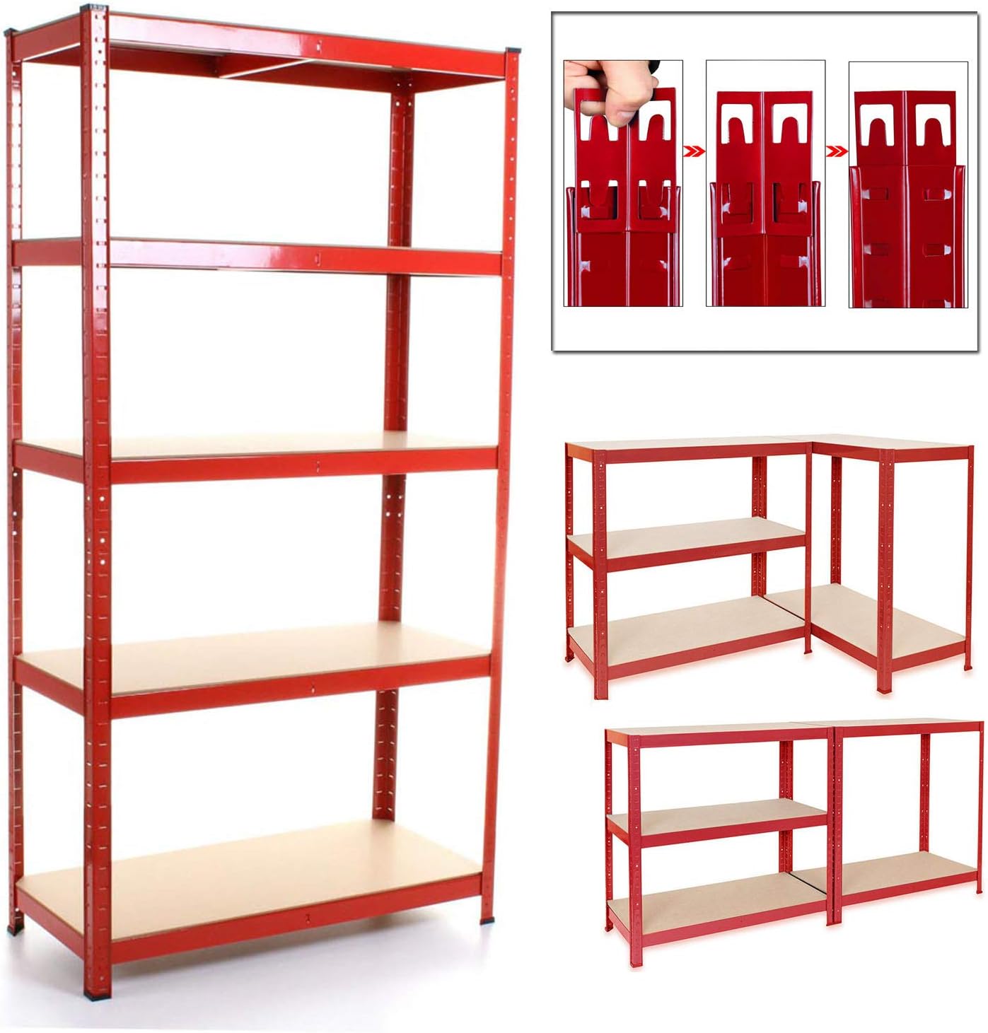 Garage Shelving Unit | 150cm x 70cm x 30cm Heavy Duty Boltless Shelves for Storage | Red 5 Tier (175KG Per Shelf), 875KG Capacity | For Workshop/Shed/Office | 5 Year Warranty