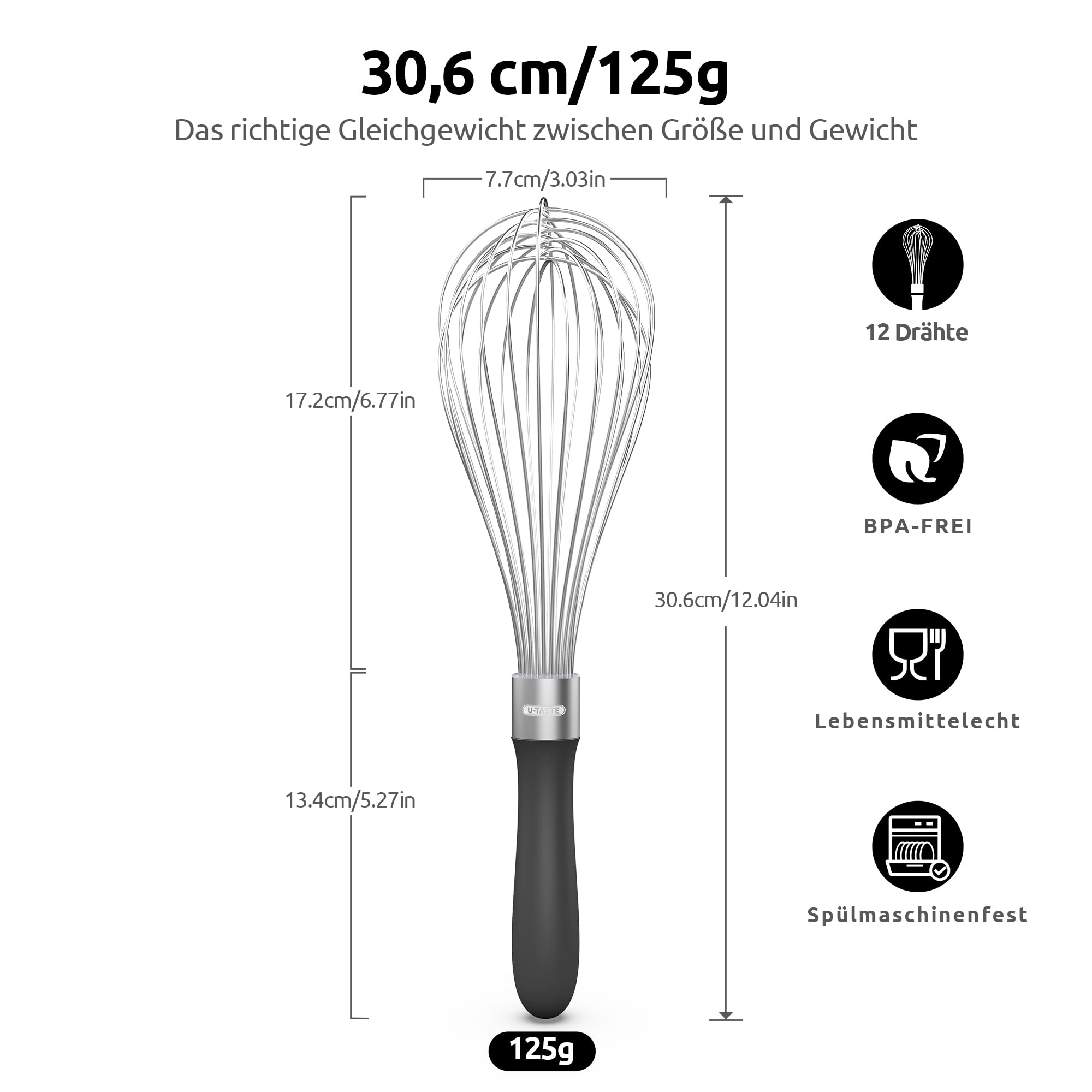 U-Taste Küchen-Schneebesen: 30 cm großer Ballonschneebesen aus Edelstahl 18/10 mit 12 hochflexiblen Drähten und Silikongriff zum Schlagen Vermengen und Verrühren von Teig und Soßen (Schwarz) 2
