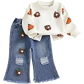 FYBITBO Toddler Baby Girl Clothes Fall Winter Baby Girl Outfit Floral Crewneck Sweatshirt Bell Bottom Jeans Pants Set