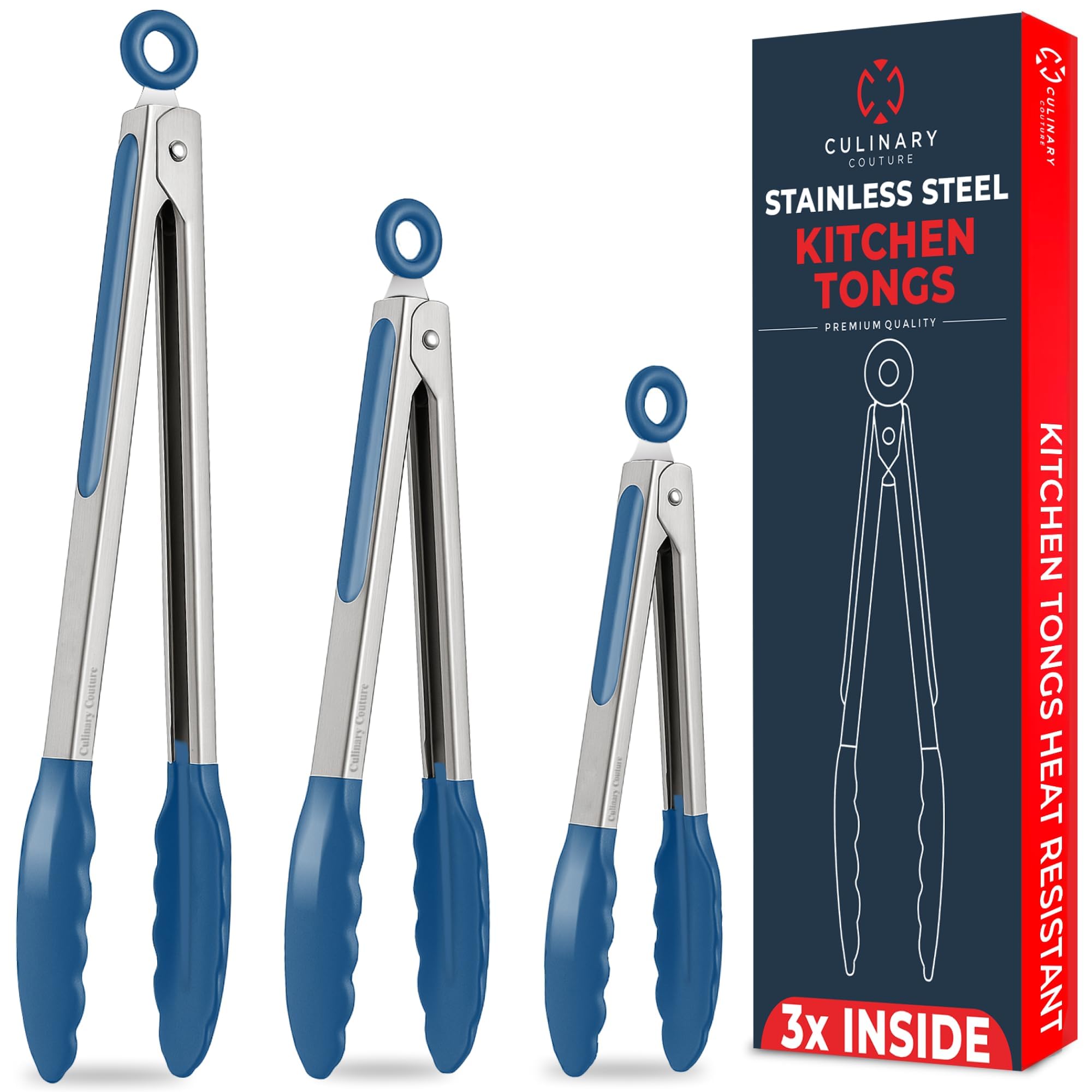 Blue Silicone Cooking Tongs - Set Of 3 Kitchen Locking Tongs- 18x23x30.5 CM - For BBQ Grill, Oven Baking, Salad Steak Vegetable Pasta, Fish Serving| BONUS Ebook| Stainless Steel W/ Silicone Tips