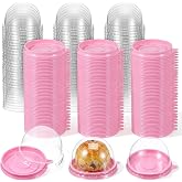 Giloaou 200 Set Mini Cupcake Boxes, 2.76x2.76x2 inch Clear Plastic Container Box with Pink Base &amp; Dome Lid for Muffin, Pastry, Dessert, Mooncake, Wedding Birthday Party Supplies