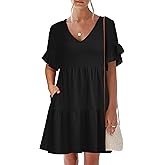 Caracilia Dresses for Women Summer Casual 2026 Ruffle Short Sleeve A Line Tiered Flowy Cute V Neck Mini Beach Dress Pockets