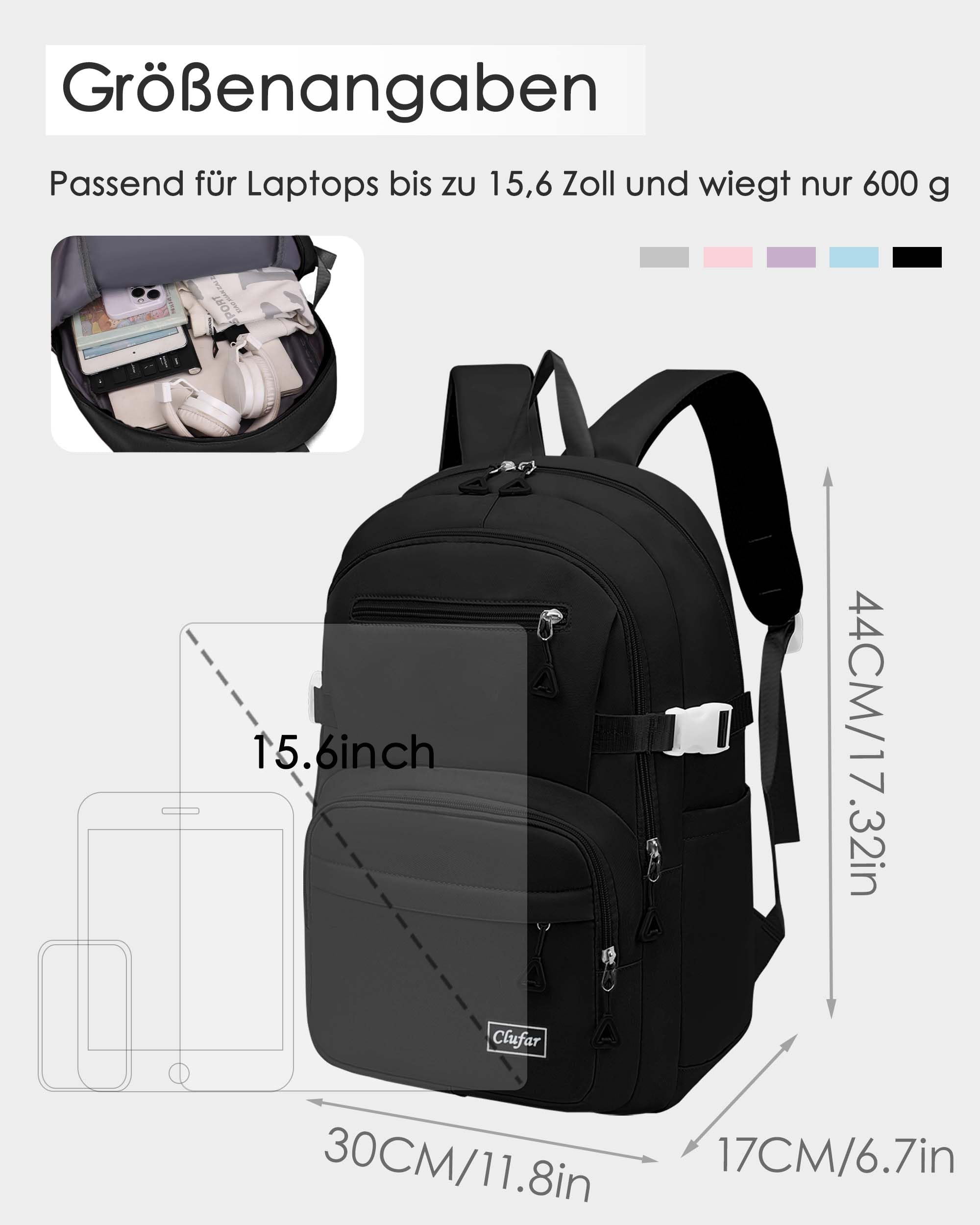 Clufar Schulranzen Jungen 5 Klasse Schwarz Leicht Schulrucksack Teenager Mädchen Wasserdicht Multi-Tasche Schultasche Mädchen Rucksack Schule Herren Schoolbag,Black 4