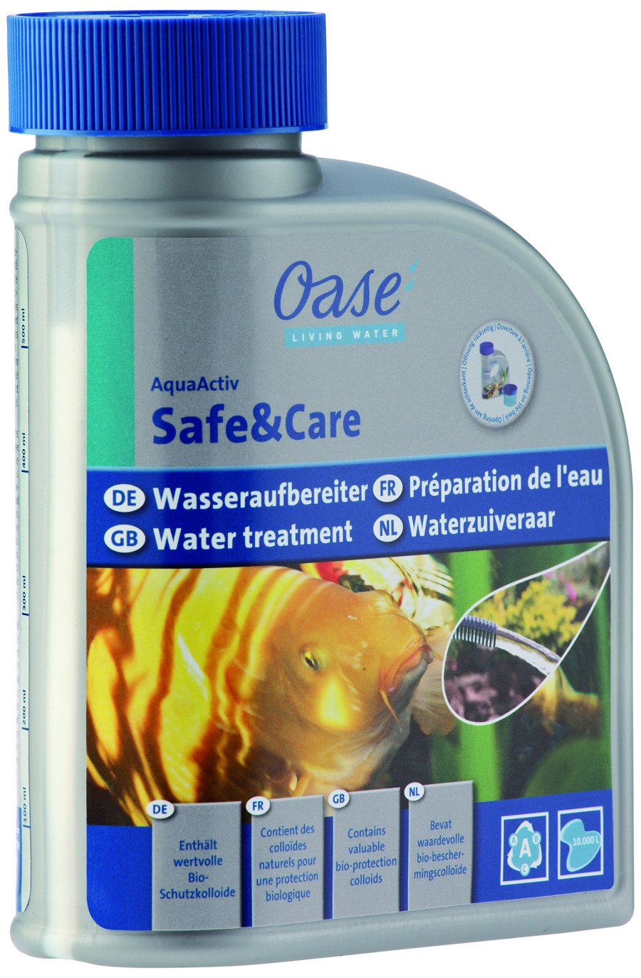 Oase 43151 AquaActiv Safe&Care Water Conditioner Fish Safe for Ponds 500 ml - Fast Effective Conditioner for Filling Water with Organic Mucosa Protection Ideal for Fish Pond Koi Pond Garden Pond