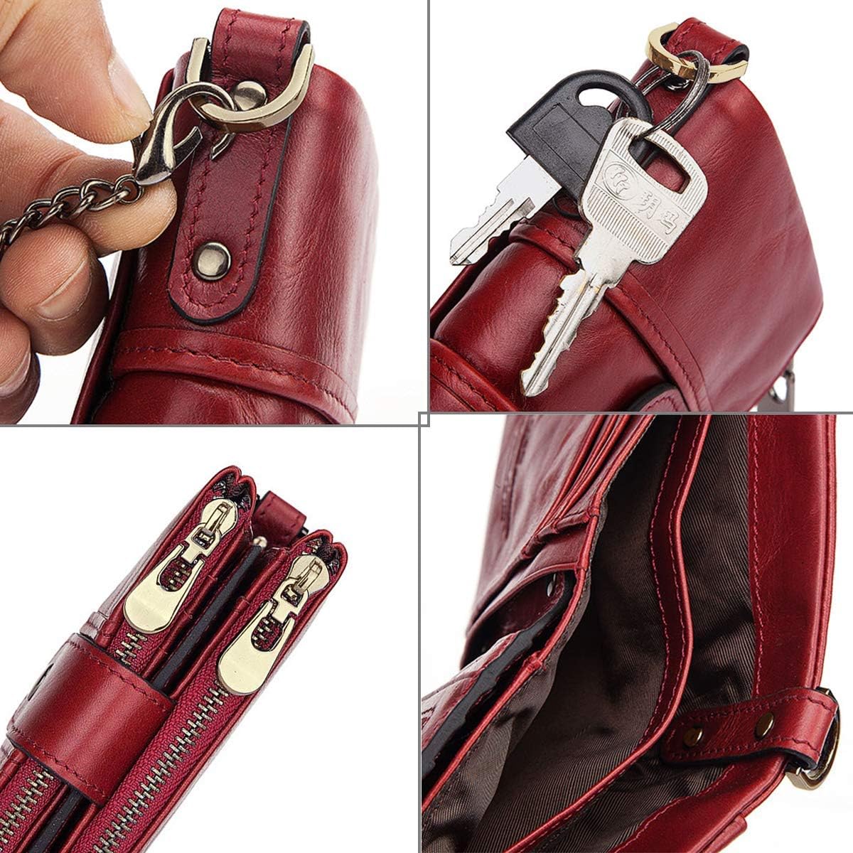 Women's Wallet Purse RFID Blocking Genuine Leather Ladies Purses with Chain Multi Compartment Purses for Women with Double Zip Small Bifold Ladies Wallets with Coin Pocket 16 Card Holder (Red) - Image 3