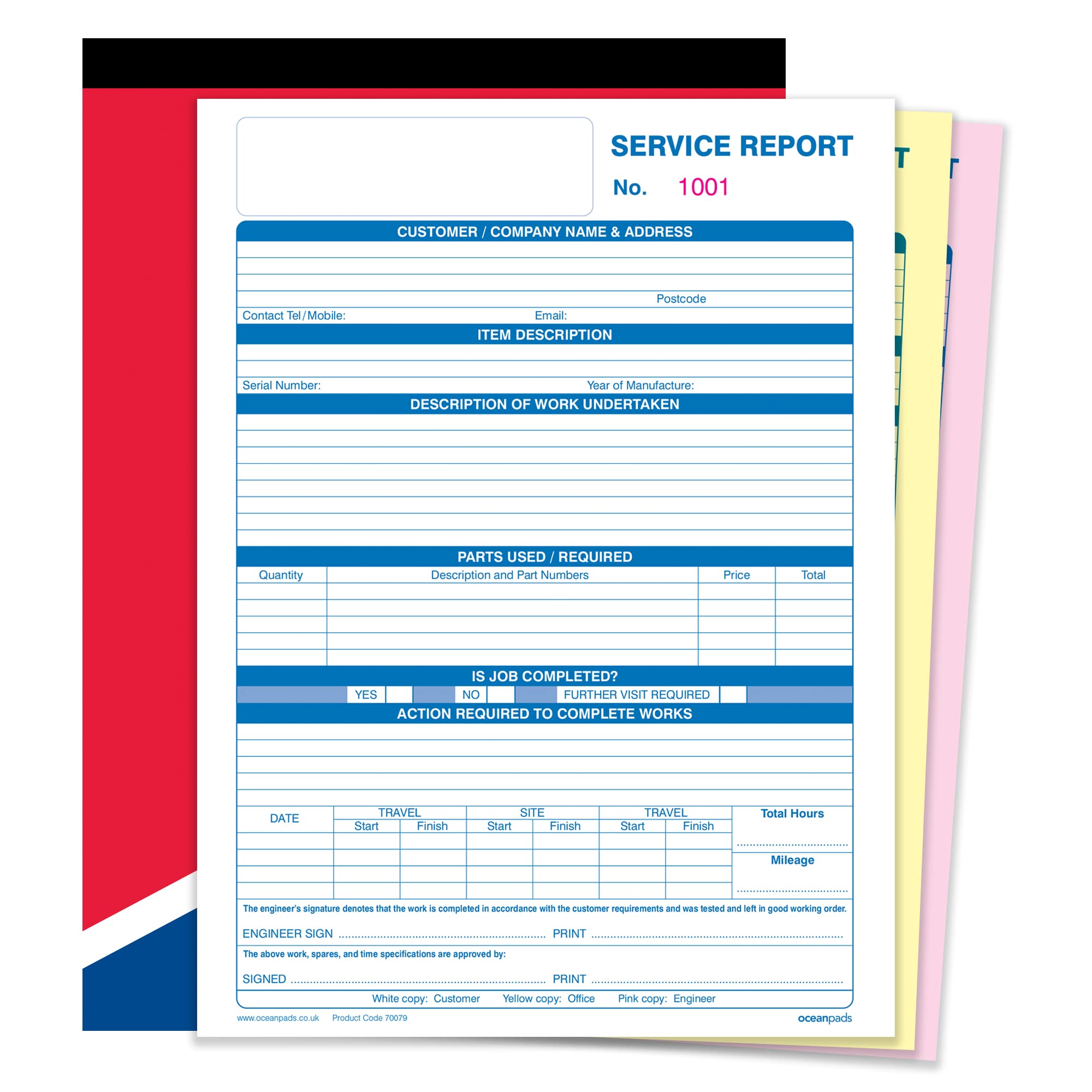 Ocean Pads Engineer Service Report Book with Inspection Description Timesheet Hours Parts Used, A4, Book of 50 Triplicate Sets Carbonless (70079)