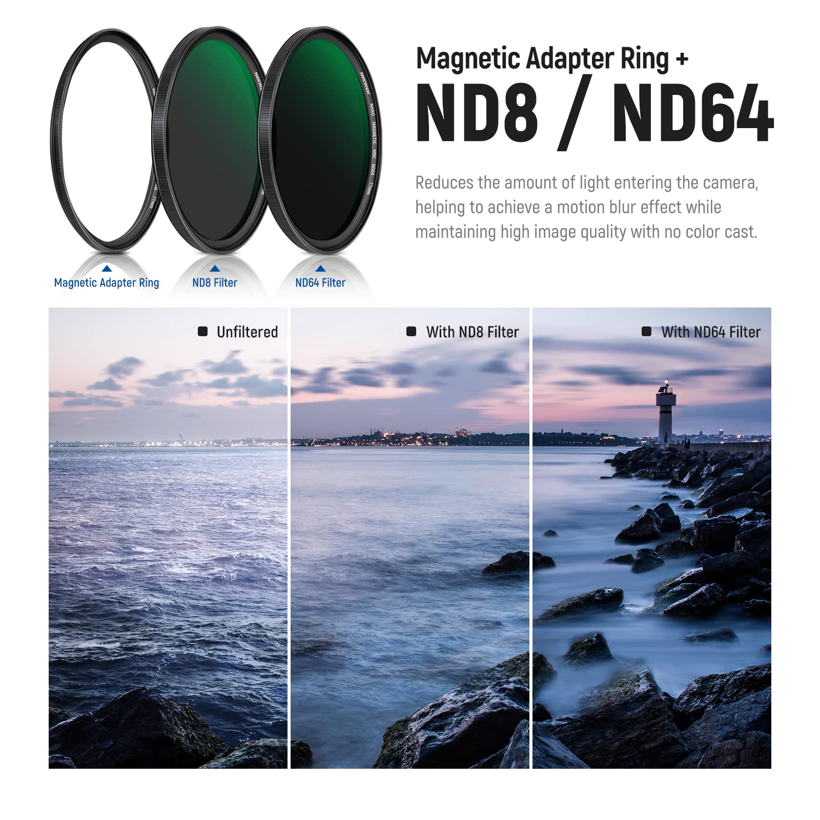 NEEWER 77mm 5 in 1 Magnetic ND Lens Filter Set, Black Diffusion 1/4 Filter, Soft GND8, ND8, ND64 Magnetic Adapter Ring, HD Optical Glass/Water Repellent/30 Layers Nano Coatings/Scratch Resistant