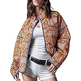 Yimoon Women's Cropped Puffer Quilted Jacket Vintage Floral Print Open Front Lightweight Short Jacket Outerwear