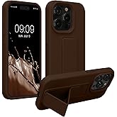 kwmobile Case Compatible with iPhone 15 Pro Max - Case with Hand Strap and Stand Soft TPU Silicone Coating - Chocolate