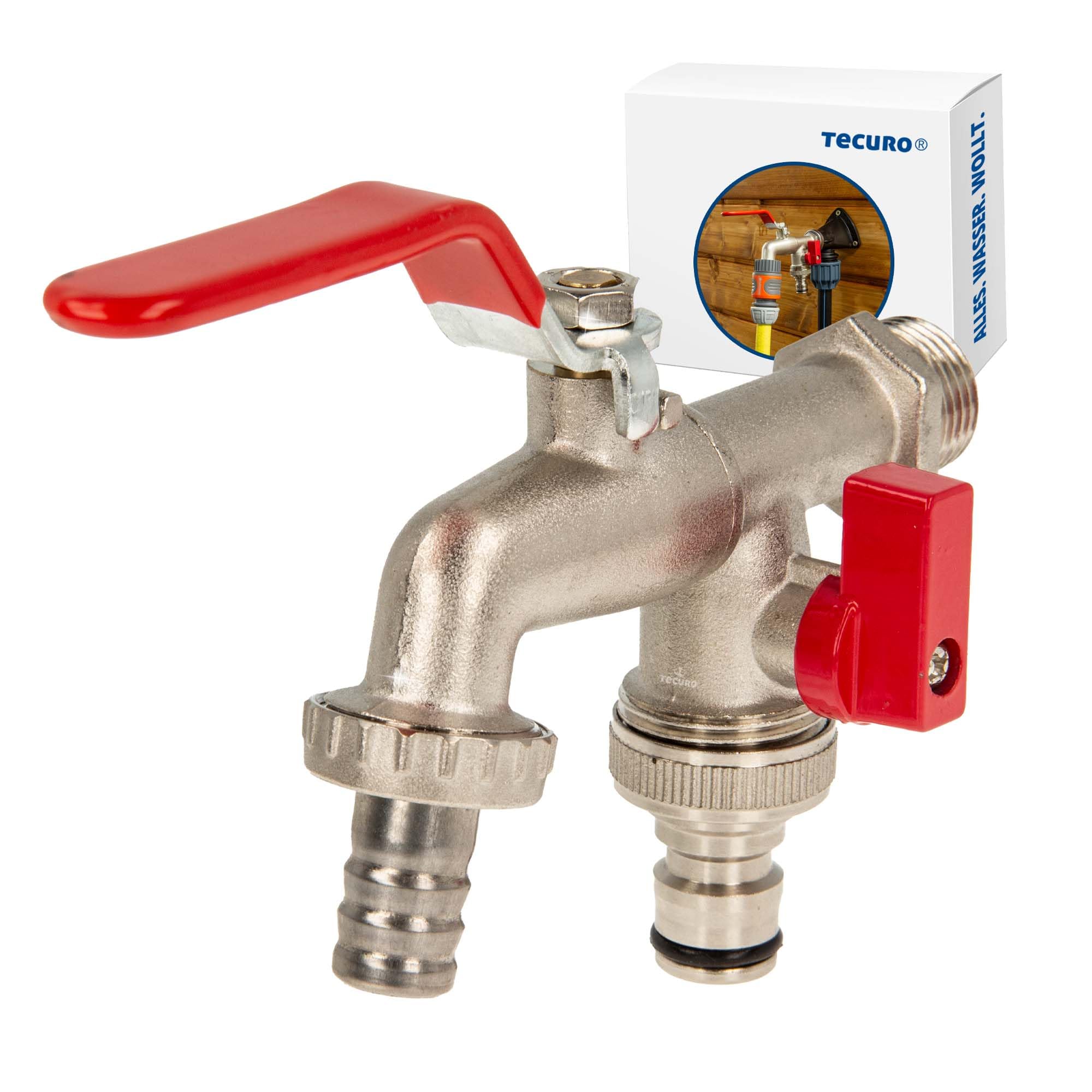 tecuro Double ball drain valve with extra outlet, brass, matt, chrome-plated