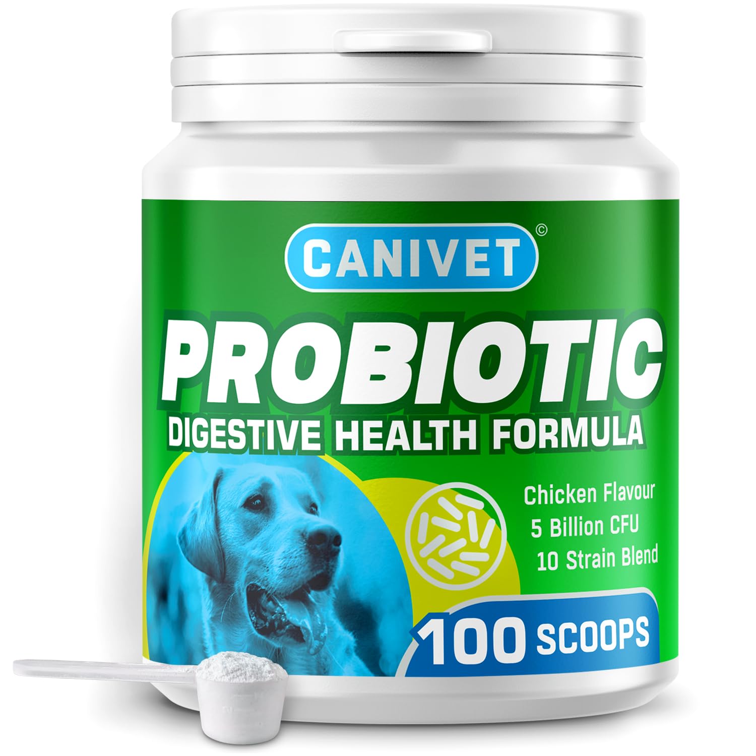 CANIVET Probiotics for Dogs - High-Strength Canine Probiotics Powder (5 Billion CFU) reduces upset stomachs, bad breath, gas & loose stools - 100 x Scoops per pack - Suitable for Puppy - Senior Dogs