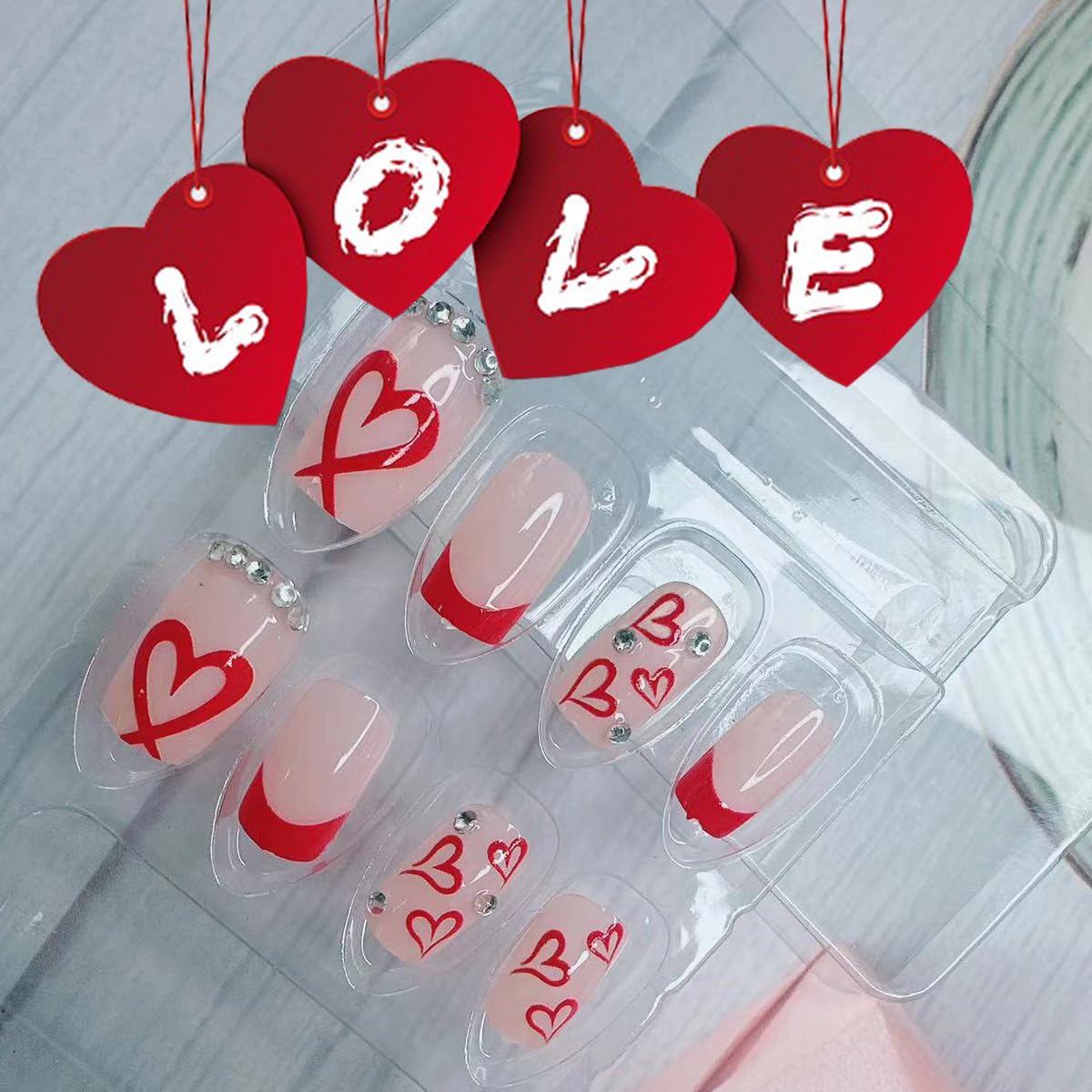 Square Press on Nails Medium -French Tip Press on Nails Red Heart Deign,Glossy Pink Fake Nails with Rhinestone Design,Reusable Artificial False Nails with Glue on Nails Valentine's Day for Women 24PCS - Image 4