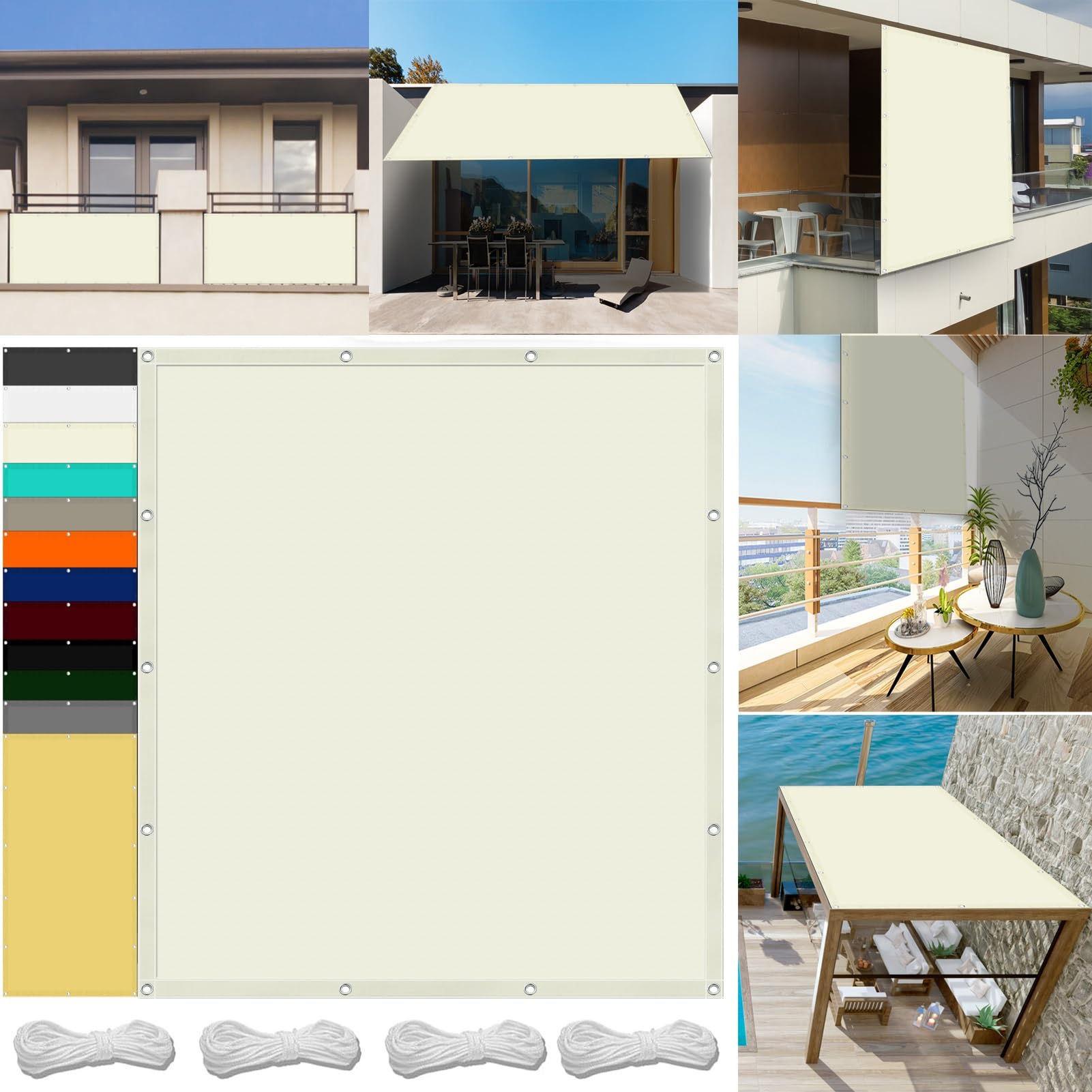 Sun Shade Sail 1 x 2 m(3.3 x 6.6ft) Waterproof Garden Sun Shade Sail with Free Rope UV Block Weather-Resistant with Grommets Pes Sail Shades Fence Pergola Balcony, Ivory