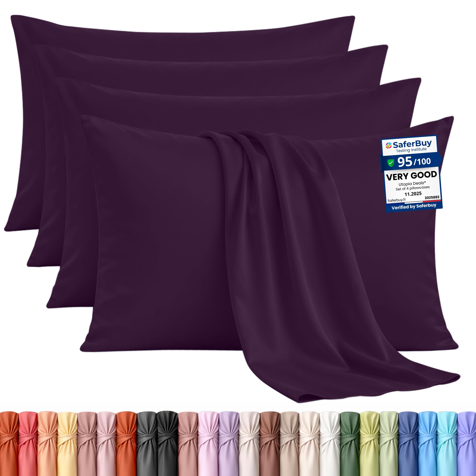 Utopia Bedding - 4 Pack Pillow Cases - OEKO-TEX - Standard Size 50x75 cm - 100% Brushed Microfiber Pillowcases with Envelope Closure, pillows not included - Wrinkle, Fade, & Stain Resistant - Purple