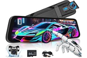 Hikity 9.66 Inch Mirror Dash Cam 64G Front and Rear 1080P Camera, IPS Touch Screen Rear View Mirror Camera, Loop Recording, G-Sensor, 24H Parking Monitor, Night Version, Split Screen