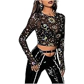 Floerns Women's Long Sleeve Crop Tops Galaxy Reflective Streetwear Mesh Tee Shirts