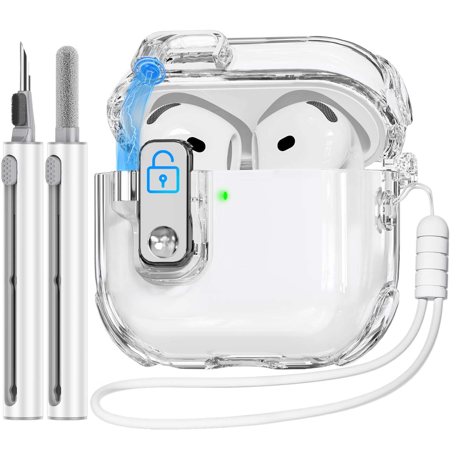 Photo 1 of (with Safety Lock) Compatible with AirPods 4 Case with Cleaner Kit,Clear Soft TPU Transparent AirPods 4th Generation Case,Auto Pop-Up Lid and Lock Design for AirPods 4 Gen (2024) with Lanyard-White